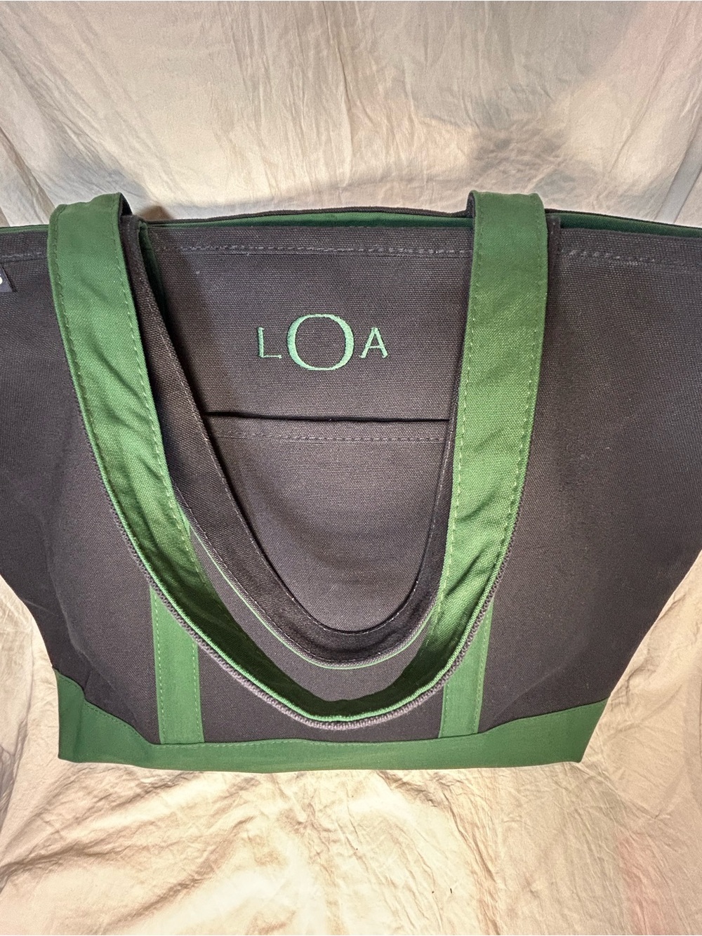 Lands' End Canvas Pocket Tote Bag Navy Blue & Green - Monogrammed "LOA" Size XL - Picture 5 of 16